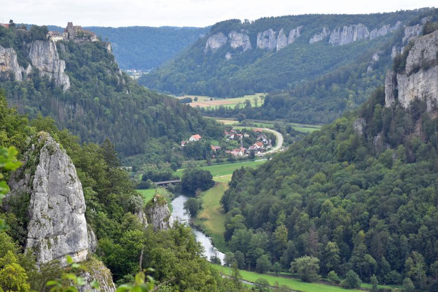 Blick vom Eichfelsen nach Nordosten durch das Obere Donautal mit seinen Felskränzen aus Schwammkalken des Oberjuras Blick aus großer Höhe auf einen Abschnitt des Oberen Donautals mit bewaldeten Berghängen, die links und rechts der schlingenförmig verlaufenden Donau aufsteigen. Aus den Hängen ragen zudem steile Felszacken heraus.