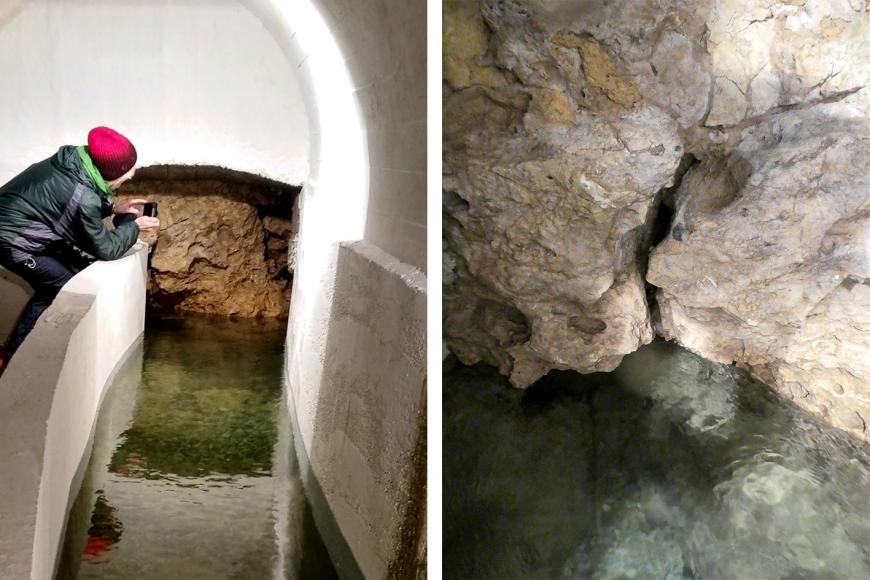 Fassung des Quellaustritts der Gallusquelle in einem Stollen mit Austritt aus der Oberjura-Massenkalk-Formation Zweiteiliges Bild, das die eingefasste Gallusquelle zeigt. Im linken Bild die Einfassung mit künstlichen Wänden sowie der rückwärtigen Kalksteinwand mit dem Gewässer; rechts eine Nahaufnahme des Kalksteins.