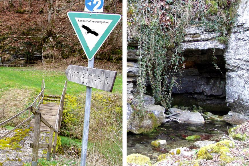 Zugang zur Schmiechquelle sowie Quellaustritt der Schmiech aus einer Quellhöhle beim Weiler Springen oberhalb von Schelklingen-Gundershofen Zweiteiliges Bild, das links den Zugang zur Schmiechquelle und rechts deren Austritt zeigt. Der Zugang erfolgt über eine schmale Holzbrücke, neben einem Hinweisschild. Der Quellaustritt liegt in einer Höhle.