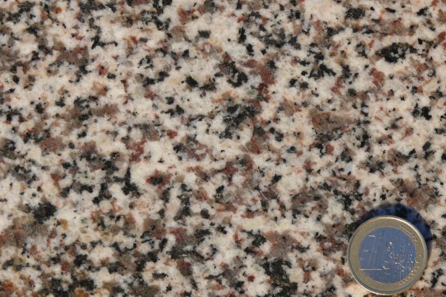 Nahaufnahme einer hellen Gesteinsoberfläche mit schwarzen und rötlichen Sprenkeln. Rechts unten dient eine Euro-Münze als Größenvergleich.
