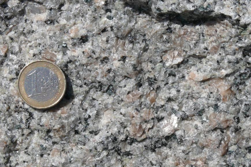 Nahaufnahme einer glitzernden, kristallinen Gesteinsoberfläche. Farbe grau mit kleinen rötlichen Sprenkeln. Eine Euro-Münze links dient als Größenvergleich.