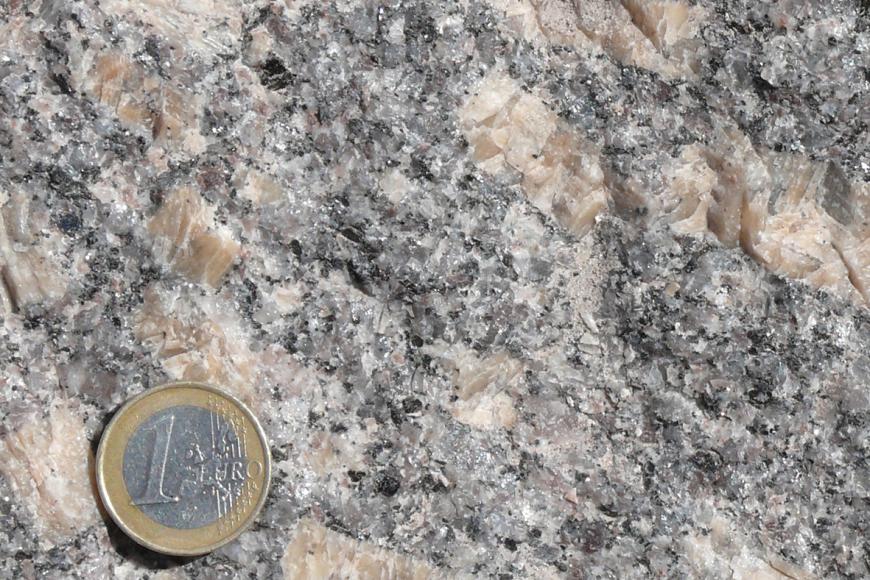 Nahaufnahme einer kristallinen Gesteinsoberfläche, Farbe grau mit größeren hellbraunen Einschlüssen. Links unten liegt eine Euro-Münze.