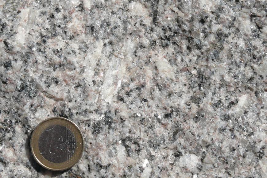 Blick auf eine kristalline Gesteinsoberfläche, Farbe grau mit weißlichen Stellen. Links unten liegt eine Euro-Münze.
