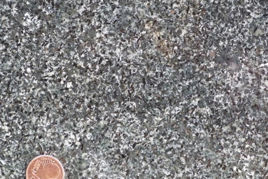 Nahaufnahme einer Gesteinsoberfläche, Farbe grau bis dunkelgrau mit weißen Spitzen. Links unten liegt eine Cent-Münze.