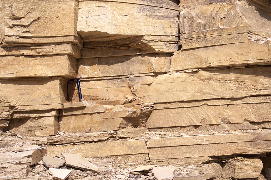 Teilansicht einer Steinbruchwand; das gelbliche, plattige Gestein ist waagrecht gebankt. Ein zwischen den Lagen aufgestellter Kugelschreiber dient als Größenvergleich.