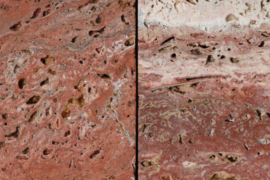 Nahaufnahme von zwei nebeneinander stehenden Gesteinsplatten mit geschliffenen Oberflächen. Farbe links durchgehend rötlich, rechts im Wechsel mit hellem Grau (oben). Am unteren Bildrand verläuft eine Maßstabsleiste.