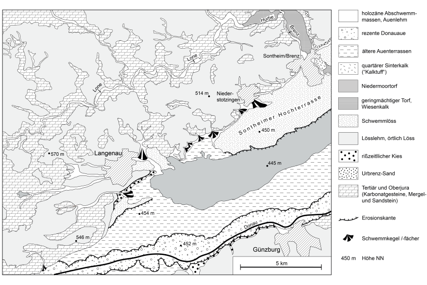 Schwarzweiße Übersichtskarte des Donautals bei Langenau mit Geologie und Geomorphologie. Eingezeichnet sind auch Erosionskanten und Schwemmfächer. 