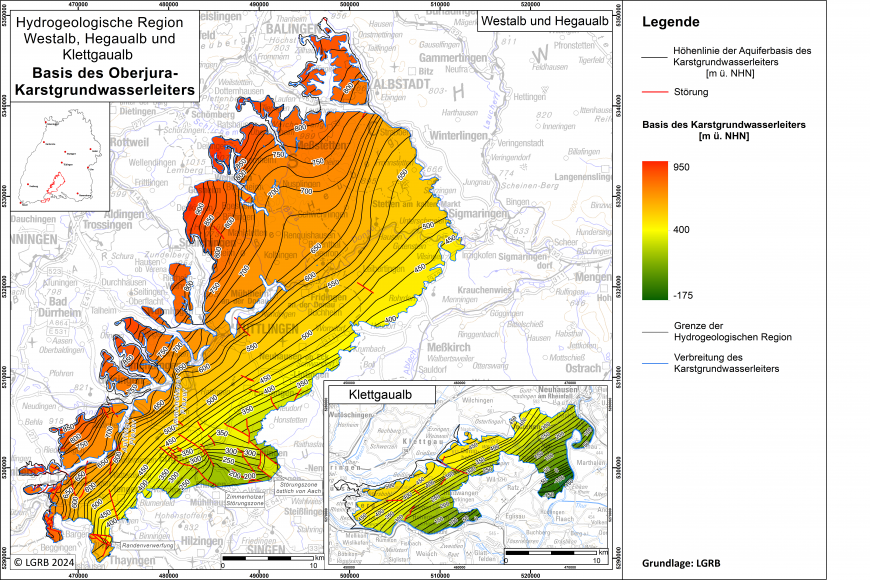 Blick auf eine farbige Übersichtskarte zum Thema Basis des Oberjura-Karstgrundwasserleiters in der Hydrogeologischen Region Westalb, Hegaualb und Südlicher Klettgau.