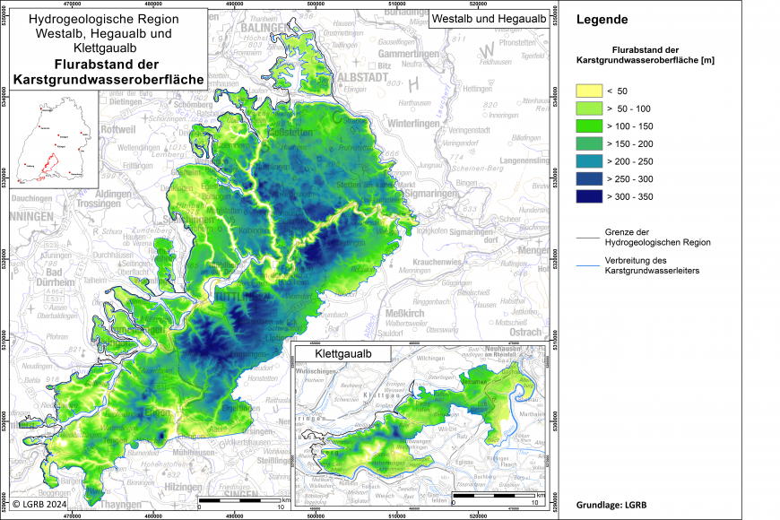 Blick auf eine farbige Übersichtskarte zum Thema Flurabstand der Karstgrundwasseroberfläche in der Hydrogeologischen Region Westalb, Hegaualb und Südlicher Klettgau.