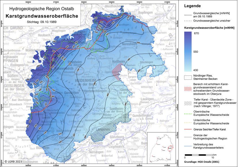 Grundwasseroberfläche im Oberjura-Kluft- und Karstgrundwasserleiter der Ostalb Blick auf eine farbige Übersichtskarte zum Thema Karstgrundwasseroberfläche in der Hydrogeologischen Region Ostalb.