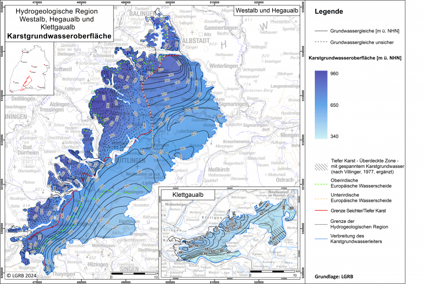 Blick auf eine farbige Übersichtskarte zum Thema Karstgrundwasseroberfläche in der Hydrogeologischen Region Westalb, Hegaualb und Südlicher Klettgau.
