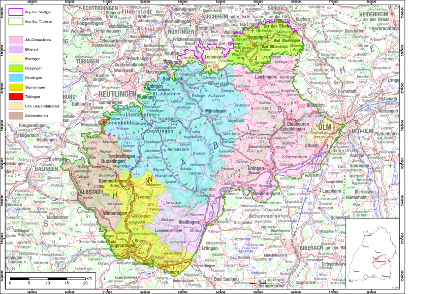 Verwaltungseinheiten in der Hydrogeologischen Region Mittlere Alb (Datengrundlage: LGL Baden-Württemberg) Übersichtskarte der Hydrogeologischen Region Mittlere Alb. Die verschiedenen Verwaltungseinheiten (zum Beispiel Esslingen und Reutlingen) sind farblich abgesetzt.
