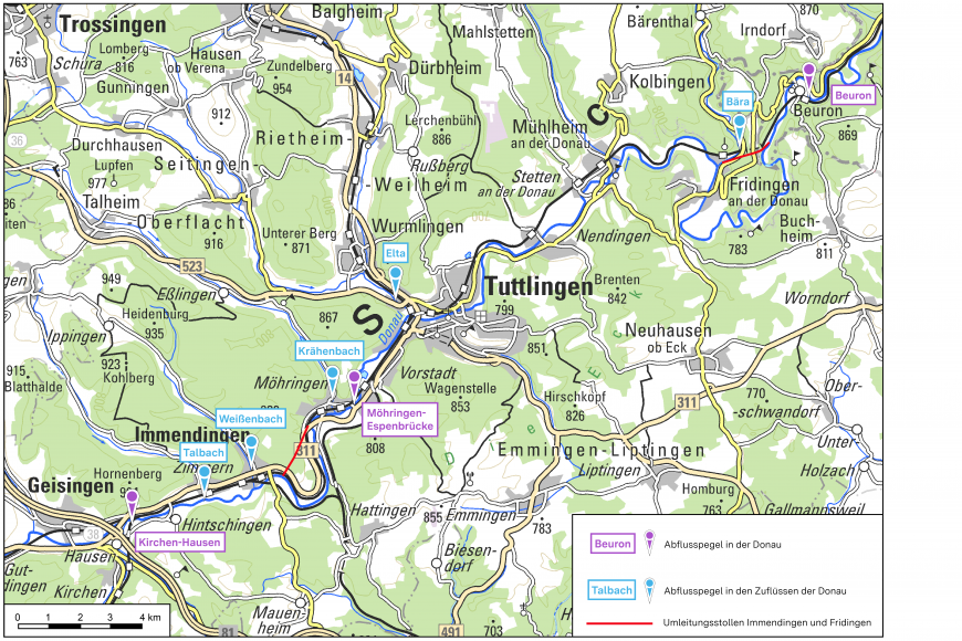 Übersichtskarte mit dem Verlauf der Donau zwischen Kirchen-Hausen im Südwesten und Beuron im Nordosten. Farbig markiert sind dabei die Abflusspegel in der Donau sowie in den Zuflüssen.