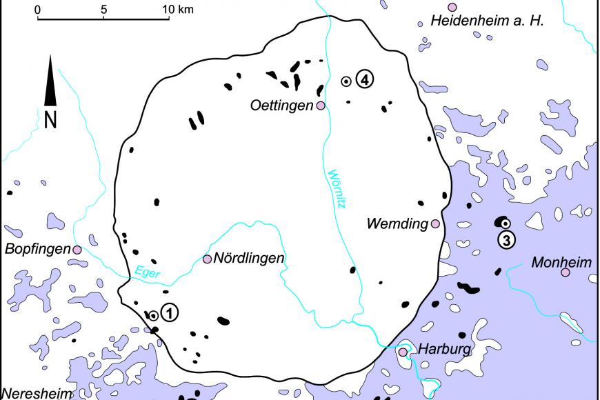 Übersichtskarte des Rieskraters und Verbreitung von Ries-Suevit-Vorkommen. Übersichtskarte des Rieskraters und Verbreitung von Ries-Suevit-Vorkommen.
