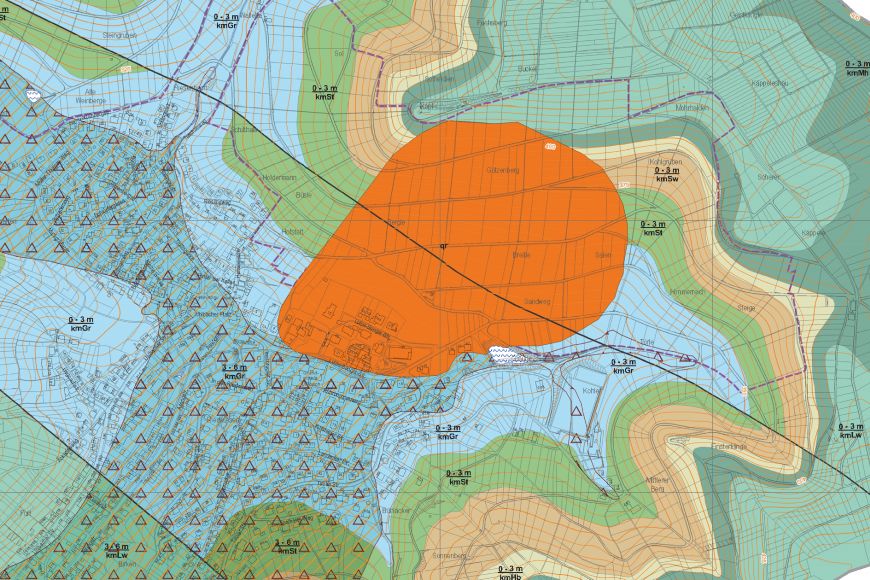 Auszug aus einer Baugrundkarte, auf welcher die Lage einer Rutschung in orange eingetragen ist. Rechts neben der Karte befindet sich eine Legende.