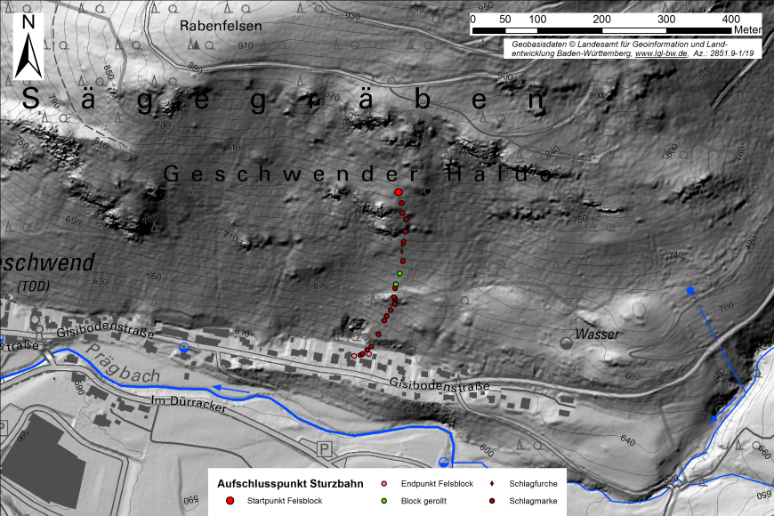 Ausschnitt einer topographischen Karte mit plastischen Erhöhungen des Gebiets um Todtnau-Geschwend. Die Spur eines abgestürzten Felsens von der Geschwender Halde bis ins Tal ist hier farbig markiert.