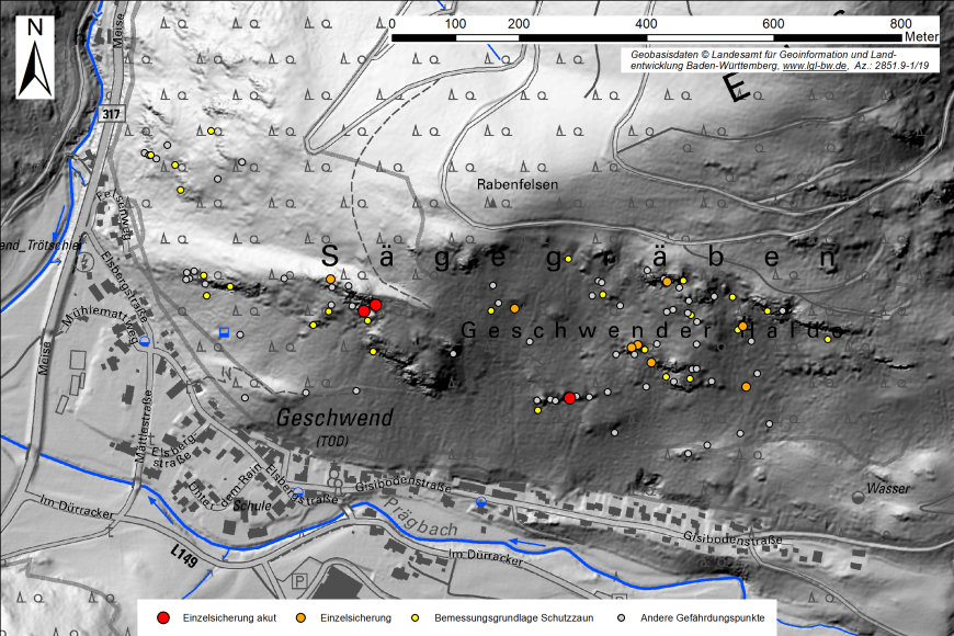 Ausschnitt eines digitalen Geländemodells vom Gebiet Todtnau-Geschwend. Verschiedene Gefährdungspunkte und nötige Sicherungsmaßnahmen sind hier je nach Wichtigkeit unterschiedlich farbig markiert.