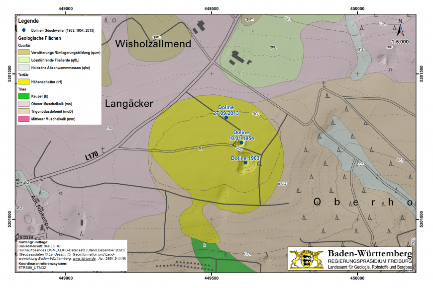 Farbige Übersichtskarte des LGRB mit drei Dolinen bei Göschweiler sowie den umgebenden geologischen Flächen.