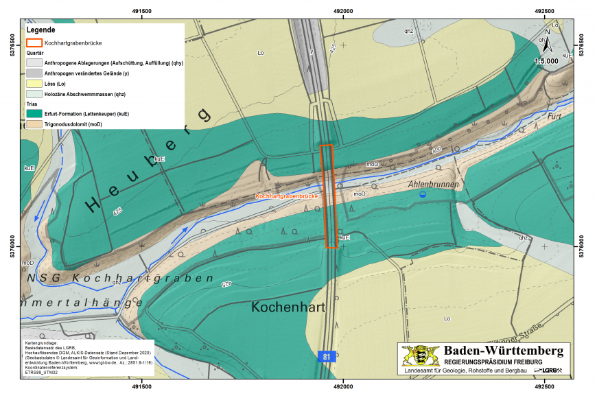 Blick auf einen farbigen Kartenausschnitt mit abgegrenzten geologischen Flächen rund um die Kochhartgrabenbrücke.