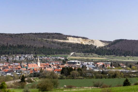 Blick aus größerer Entfernung auf einen langgestreckten bewaldeten Berg. Rechts der Bildmitte befindet sich ein Steinbruch am Berg. Im flachen bis leicht welligen Vordergrund liegt eine Siedlung mit erhöhter Bahnstrecke.
