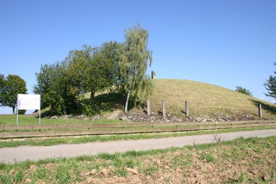 Das Bild zeigt einen nachgebildeten runden Grabhügel mit etwas Baumbestand auf der linken Seite. Unterhalb des sonst kahlen Hügels verläuft ein Zaun sowie ein schmaler Fußweg.