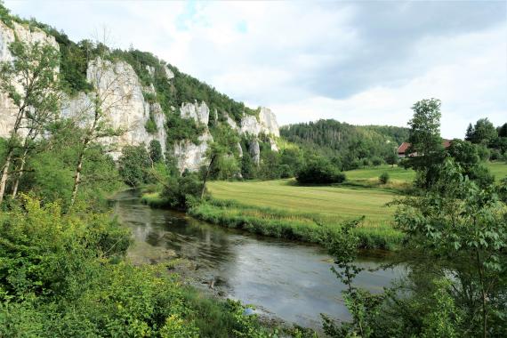 Blick auf eine grüne Tallandschaft mit von links nach rechts fließendem Gewässer und links im Mittelgrund aufragender, hellgrauer Felswand. 