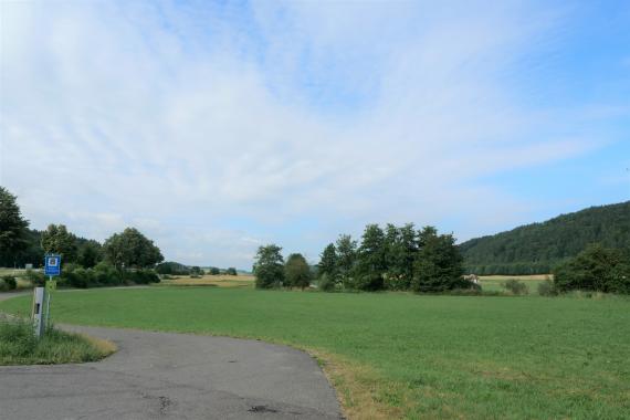 Blick auf eine flache bis flachwellige Landschaft mit Wiesen im Vordergrund, einer Baumgruppe im Mittelgrund sowie Äckern und einem bewaldeten Berg im Hintergrund und rechts.