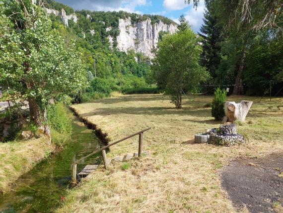 Im Vordergrund links fließt ein schmaler Bach, an den sich rechts eine trockene Wiese anschließt. Im Mittelgrund sowie am linken Ufer stehen Bäume. Im Hintergrund, über einem Wald, erheben sich steile weiße Felsen.