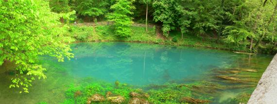 Blick auf einen ovalen, türkisfarbenen See. Im Hintergrund begrenzen Bäume sowie das erhöhte Ufer den See. Im Vordergrund fällt der teils steinige, teils mit Wasserpflanzen bedeckte Seeboden steil ab.