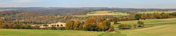 Auf diesem Panoramabild sind vorwiegend landwirtschaftlich genutzte Flächen – durchsetzt von Waldgebieten – zu sehen. Aber auch ein Steinbruch links unten sowie ein langgestreckter Hügel mit Brachflächen dahinter sind erkennbar.