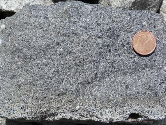 Nahaufnahme eines grauen Steinbrockens mit unebener Oberfläche und kleineren schwarzen Sprenkeln. Rechts oben dient eine Cent-Münze als Größenvergleich.