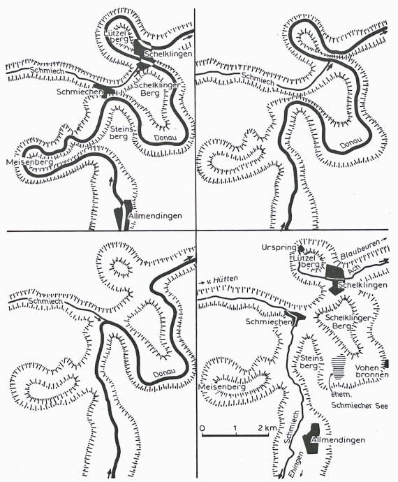 Flussgeschichtliche Entwicklung des mittelpleistozänen Donaulaufs zwischen Allmendingen und Schelklingen (nach Wagner, 1929, aus Geyer & Gwinner, 1984) Vier verschiedene Grafikbilder in Schwarzweiß zeigen den sich verändernden Lauf der Donau zwischen Allmendingen und Schelklingen zur Zeit des Mittelpleistozäns.