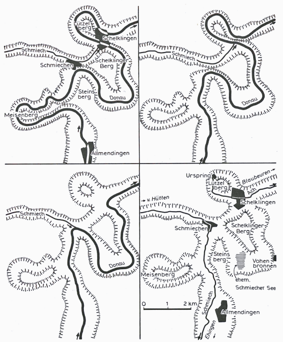 Vier verschiedene Grafikbilder in Schwarzweiß zeigen den sich verändernden Lauf der Donau zwischen Allmendingen und Schelklingen zur Zeit des Mittelpleistozäns.