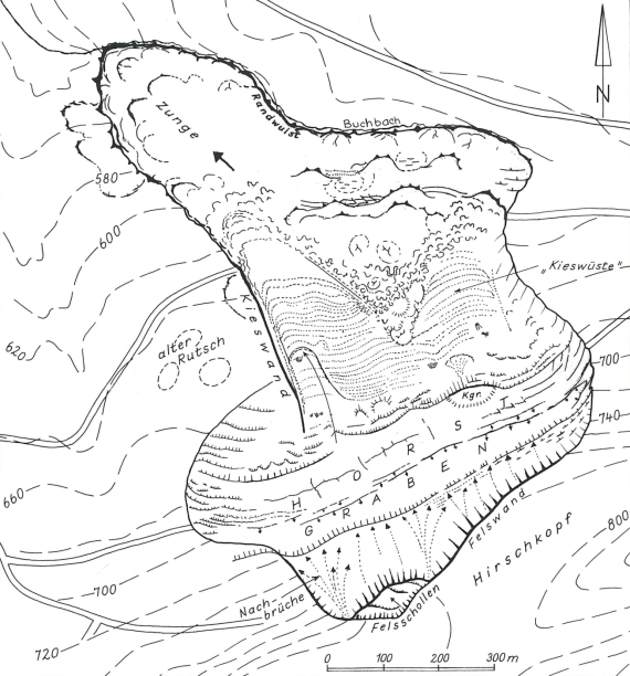 Schwarzweiße Karte mit Lage und Ausdehnung eines Bergrutsches.