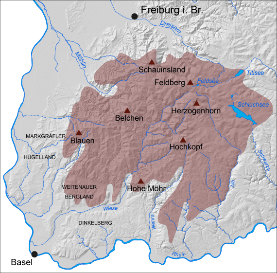 Blick auf eine graue Reliefkarte des Schwarzwaldes zwischen Freiburg und Basel. Das Verbreitungsgebiet des Riesenregenwurms Lumbricus badensis ist dabei farblich hervorgehoben..