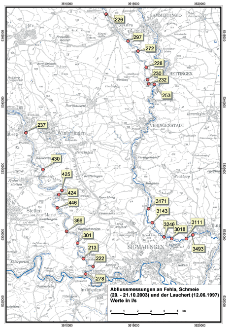 Ergebnisse der Stichtagsabflussmessungen an den Oberflächengewässern Fehla, Schmeie (20.–21.10.2003) und Lauchert (12.06.1997) (HGE, 2004a) Farbiger Kartenausschnitt mit Messergebnissen an den Gewässern Fehla, Schmeie und Lauchert.