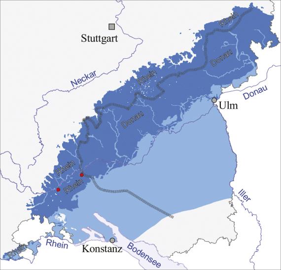 Blick auf den vergrößerten Ausschnitt einer Übersichtskarte, mit dem Gebiet Konstanz bis Ulm. Farbig dargestellt ist der Verlauf der kontinentalen Karstgrundwasserscheide.