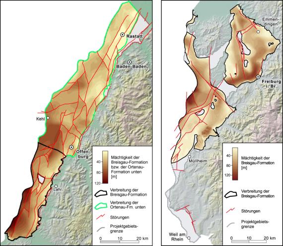 Zweiteilige farbige Grafik, die die Mächtigkeit der Breisgau-Formation mittels Kartenbildern zeigt. Links sieht man den oberen Teil bei Lahr mit anschließender Ortenau-Formation, rechts den unteren Teil von Emmendingen bis Müllheim abgebildet.