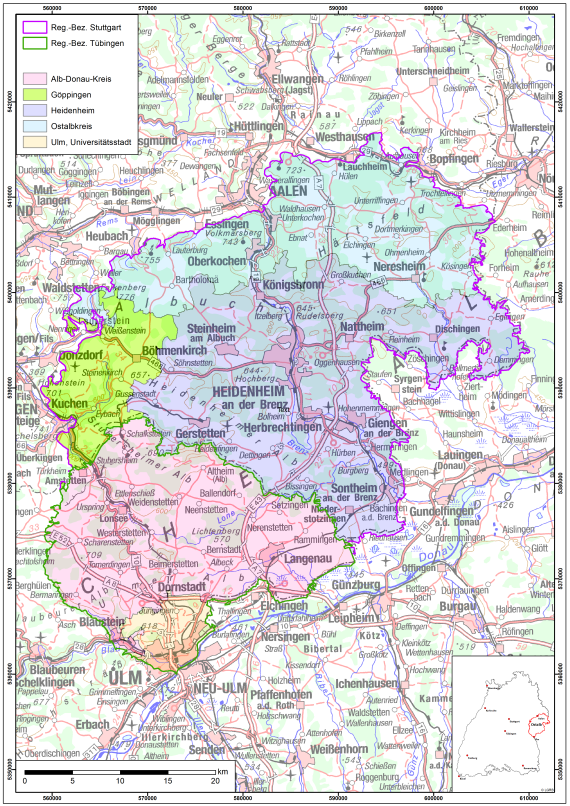 Verwaltungseinheiten in der Hydrogeologischen Region Ostalb Ausschnitt einer Topographischen Karte vom Großraum Heidenheim an der Brenz, mit farbig hervorgehobenen Regierungsbezirken und Verwaltungskreisen, wie beispielsweise der rosa eingefärbte Alb-Donau-Kreis links unten.