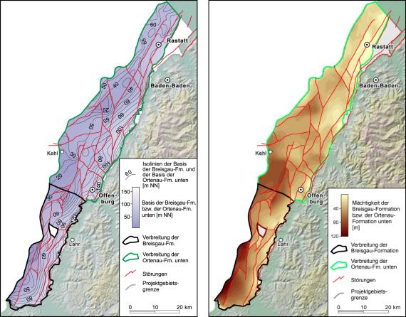 Zweiteilige farbige Grafik, die Verbreitung und Mächtigkeit der Ortenau-Formation mittels Kartenbildern zeigt. Links sieht man Basis und Isolinien, rechts die Mächtigkeit abgebildet.