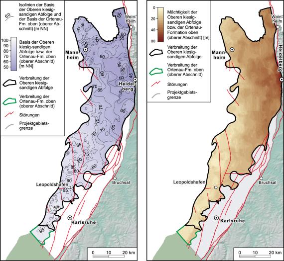 Zweiteilige farbige Grafik, die Verbreitung und Mächtigkeit der Mannheim-Formation mittels Kartenbildern zeigt. Links sieht man Basis und Isolinien, rechts die Mächtigkeit abgebildet.