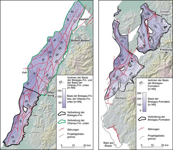 Zweiteilige farbige Grafik, die Verbreitung und Basis der Breisgau-Formation mittels Kartenbildern zeigt. Links sieht man den oberen Teil bis Lahr sowie die anschließende Ortenau-Formation, rechts den unteren Teil von Emmendingen bis Müllheim abgebildet.