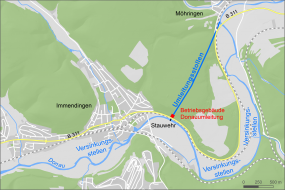 Grafische Darstellung des Kurvenverlaufs der Donau zwischen Immendingen und Möhringen. Besonders gekennzeichnet sind Versinkungsstellen sowie ein Umleitungsstollen.