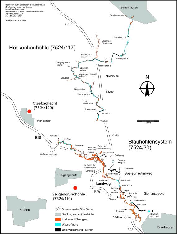 Lageskizze des Blauhöhlensystems Schemazeichnung mit dem Verlauf des Blauhöhlensystems von Bühlenhausen im Norden bis Blaubeuren im Süden.