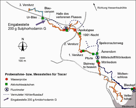 Blauhöhlensystem: Probenahmestellen und Messpunkte Vereinfachte farbige Übersichtskarte des Blauhöhlensystems mit Eingabestellen für Tracer und Messpunkten.