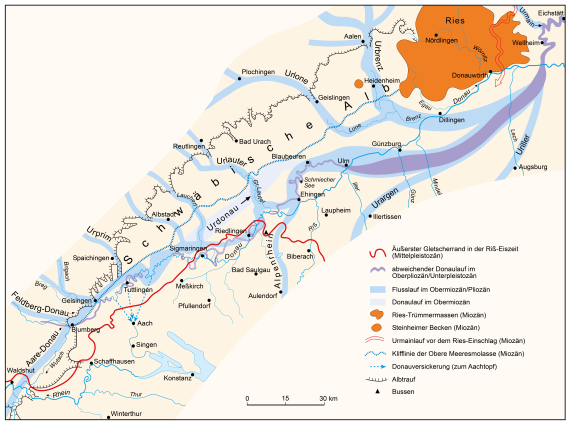 Die Donau und ihre wichtigsten Zuflüsse im Jungtertiär und Unterpleistozän (Villinger, 2006b) Mehrfarbige Grafik, die den Bereich der Schwäbischen Alb mit der Donau und ihren wichtigsten Zuflüssen im Zeitalter Jungtertiär und Unterpleistozän zeigt.