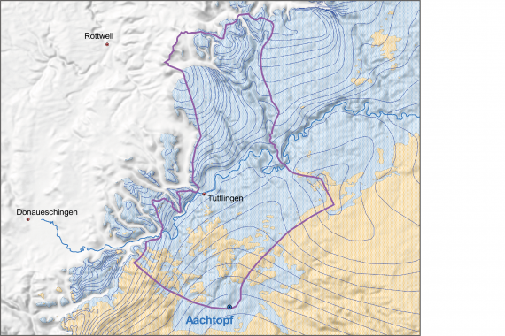 Hydrogeologische Übersichtskarte mit dem umrandeten Einzugsgebiet des Aachtopfs bei Tuttlingen. Darunter gelegt sind auch geologische Verbreitungsgebiete, etwa des Oberjuras.