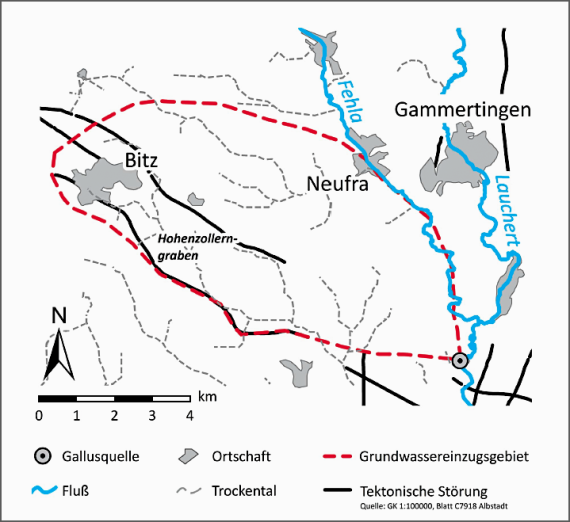 Das Einzugsgebiet der Gallusquelle (Grafik: verändert nach Geyer, 2008) Hydrogeologische Übersichtskarte, das das Grundwassereinzugsgebiet der Gallusquelle zeigt, zwischen Bitz im Nordwesten und Neufra im Nordosten. Am östlichen Rand strömen die Flüsse Fehla und Lauchert.