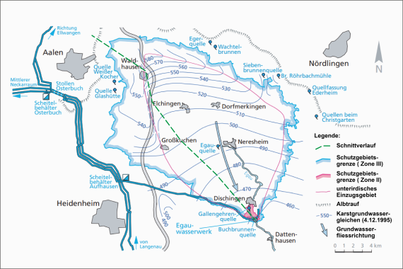 Einzugsgebiet und Schutzgebietsgrenzen der Buchbrunnenquelle, Egauwasserwerk der LW Vereinfachter, mehrfarbiger Kartenausschnitt der Region um Dischingen im Egautal. Eingezeichnet sind unter anderem die Schutzgebietsgrenzen um die Buchbrunnenquelle.