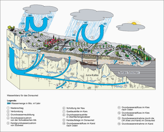 Grund- und Oberflächenwasserhaushalt des Donaurieds und der nördlich angrenzenden Schwäbischen Alb Mehrfarbiges Geländemodell des Donaurieds und der links angrenzenden Schwäbischen Alb. Eingezeichnet sind der Wasserhaushalt an der Oberfläche über Regenwasser sowie der Grundwasserverlauf.